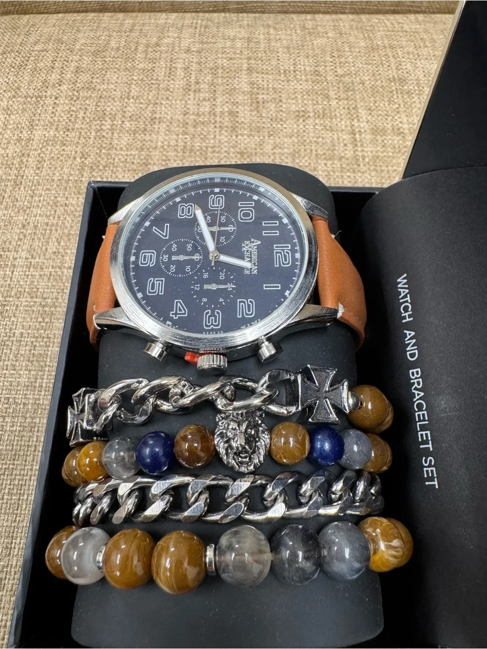 American Exchange Men's Watch & Bracelet Set Silver Tone Brown Strap